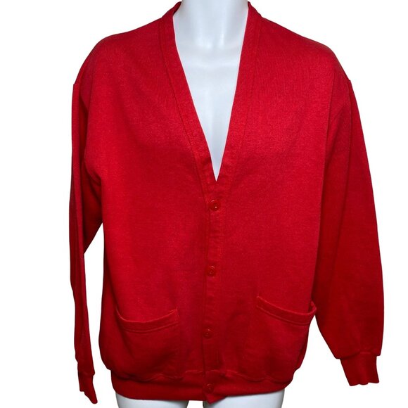 Vintage Jerzees Red Cardigan Sweater Button Up Long Sleeve One Size Fits All - Picture 1 of 7